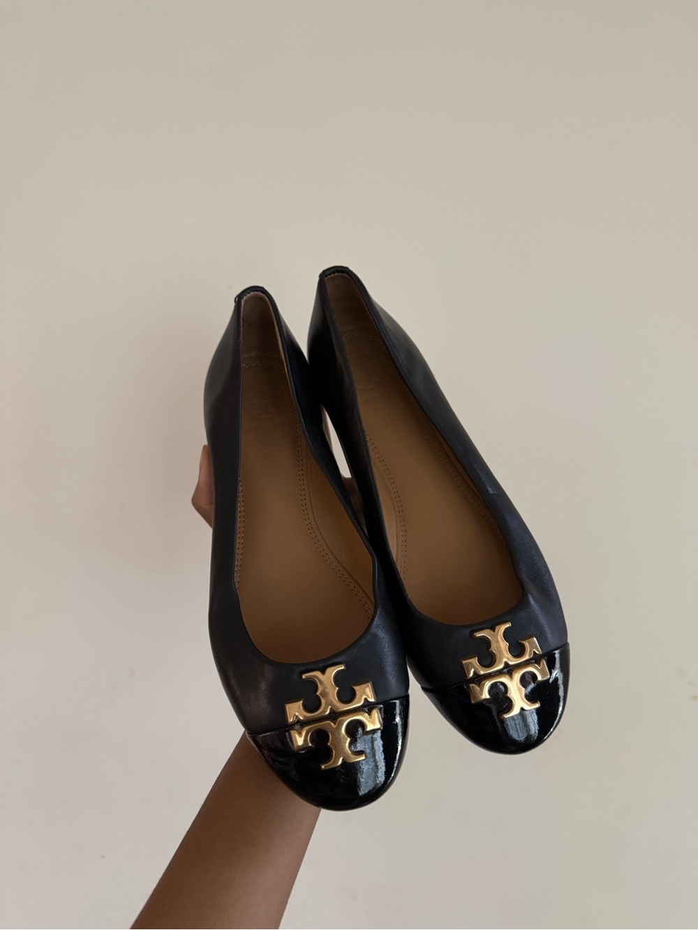 Tory Burch Black Leather Ballet Flats with Gold Logo Cap